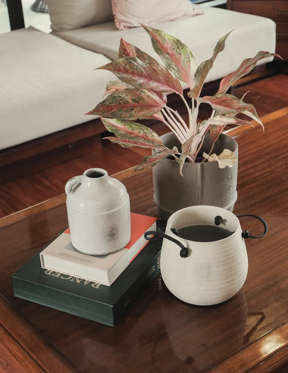A coffee table at home, styled with a white jug, a planter and books